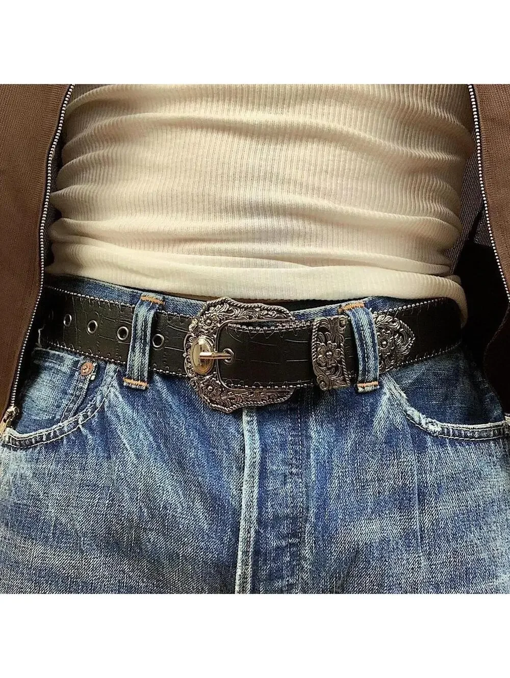 Y2k 2000s style black western silver boho belt. 38.5 inches length. Unisex